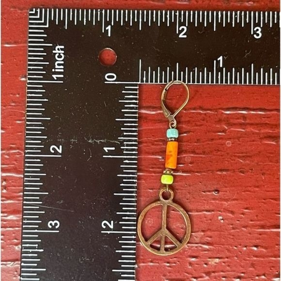 Hand Crafted Artisan Earrings Copper Peace Sign Hippie Boho Colorful # 184 - Picture 3 of 7